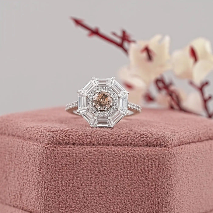 Fancy Brown Octagon Cut Lab Diamond Double Halo Ring