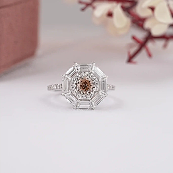 Fancy Brown Octagon Cut Lab Diamond Double Halo Ring
