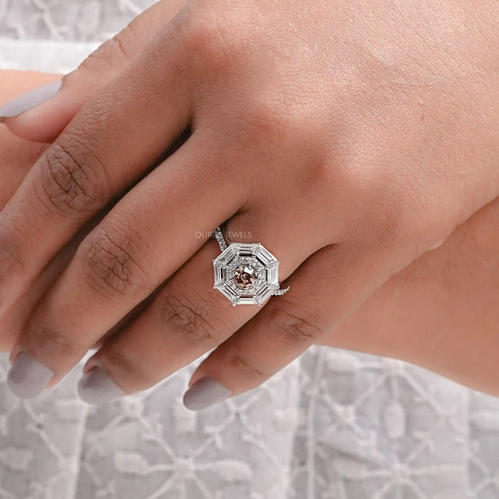 Fancy Brown Octagon Cut Lab Diamond Double Halo Ring
