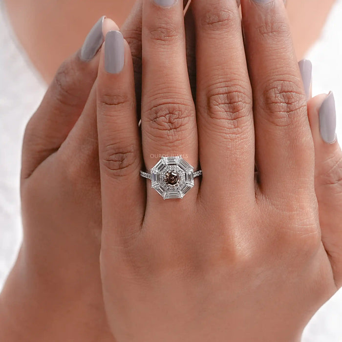 Fancy Brown Octagon Cut Lab Diamond Double Halo Ring