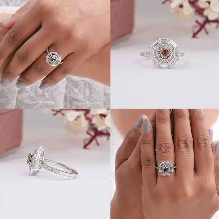 Fancy Brown Octagon Cut Lab Diamond Double Halo Ring