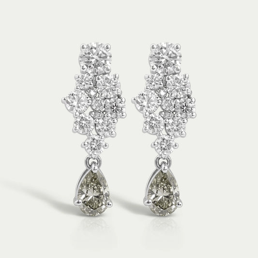 Diamond Cluster & Olive Pear Drop Dangle Earrings 