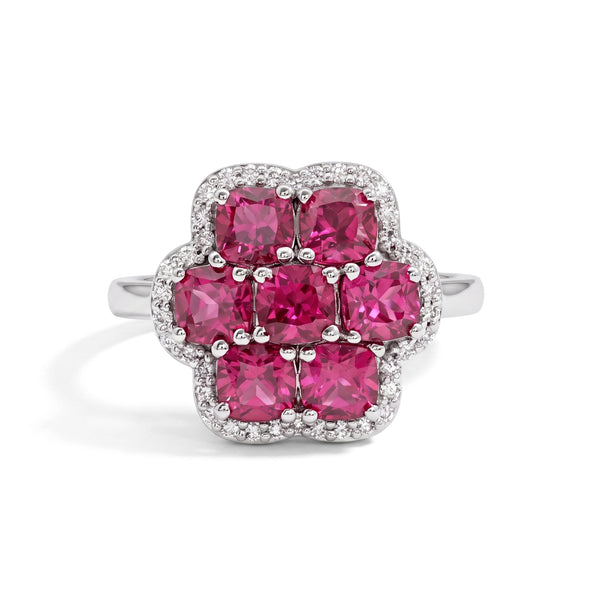 Ruby Cushion Cut Gemstone Flower Halo Engagement Ring