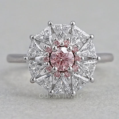 Pink Round Cut Halo Triangle Engagement Ring Rings