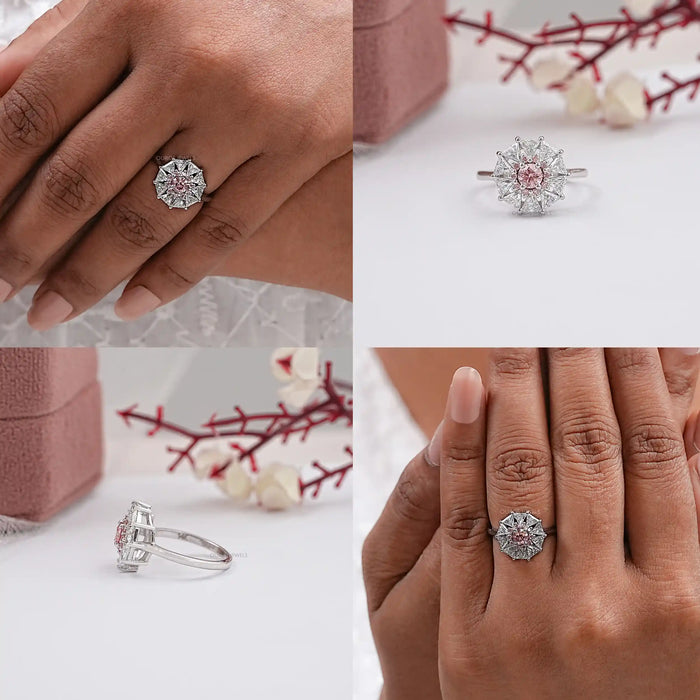 Fancy Pink Round Cut Lab Diamond Halo Ring
