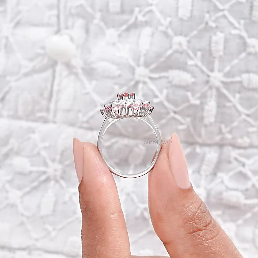 Pink Round Diamond Floral Style Cluster Ring Ring