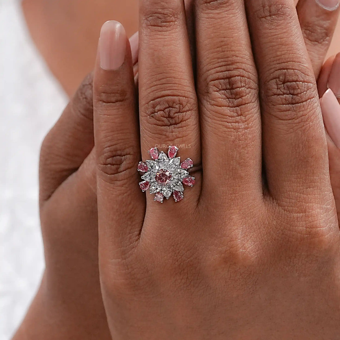 Pink Round Diamond Floral Style Cluster Ring Ring