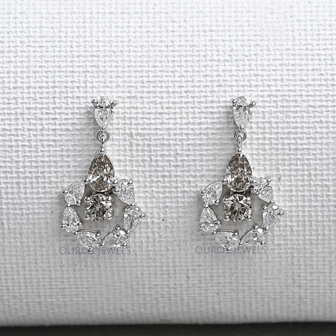 Olive Pear And Round Lab Diamonds Halo Drop Earrings