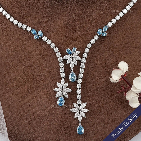Lab Diamond And Blue Pear Diamond Cluster Necklace Necklaces