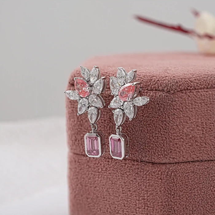 Pink Emerald And Pear Diamond Cluster Drop Earrings