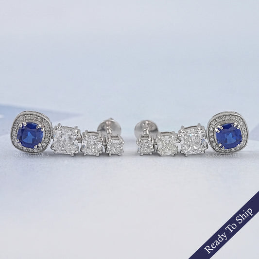 Sapphire Cushion Gemstone And Lab Diamond Dangle Earrings