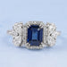 blue sapphire emerald diamond engagement ring  with halo accent's front view