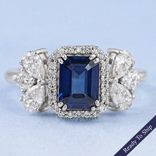 Sapphire Emerald Gemstone Halo Engagement Ring