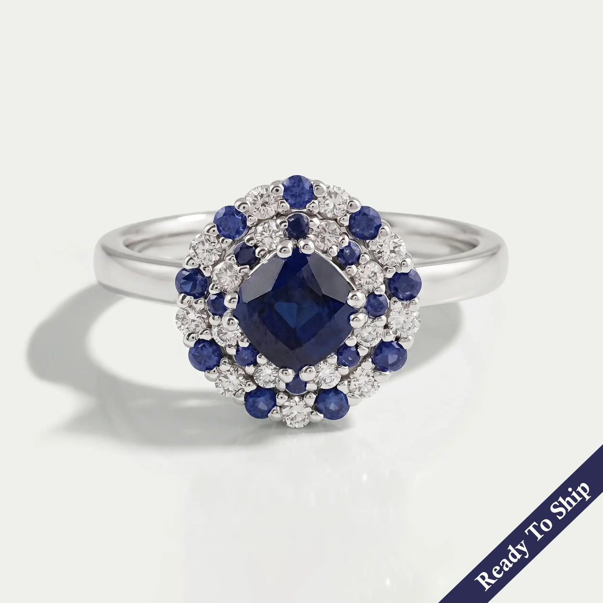 Blue Cushion Cut Lab Gemstone Double Halo Ring Ring