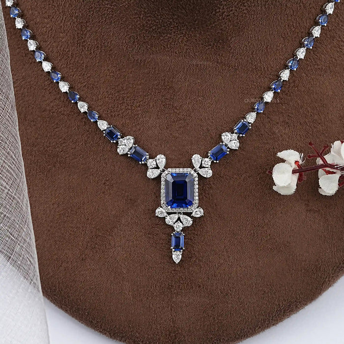 Sapphire Emerald Cut And Diamond Necklace 