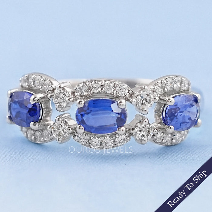 Three Stone Sapphire Oval Gemstone Halo Ring