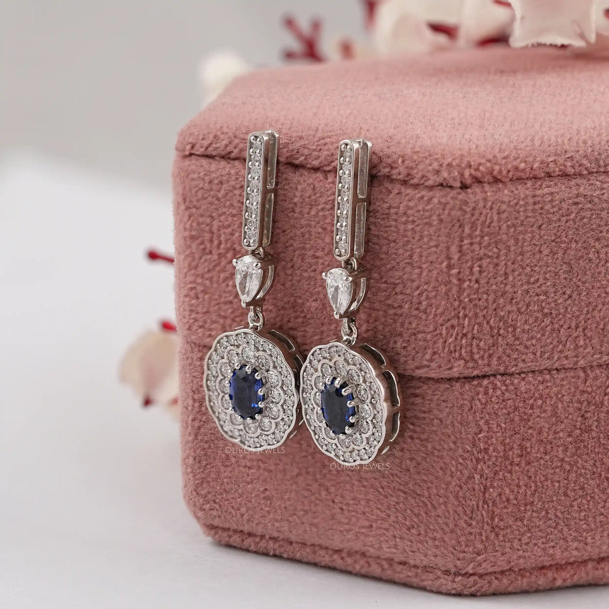 Sapphire Oval Gemstone And Double Halo Drop Earrings Earrings