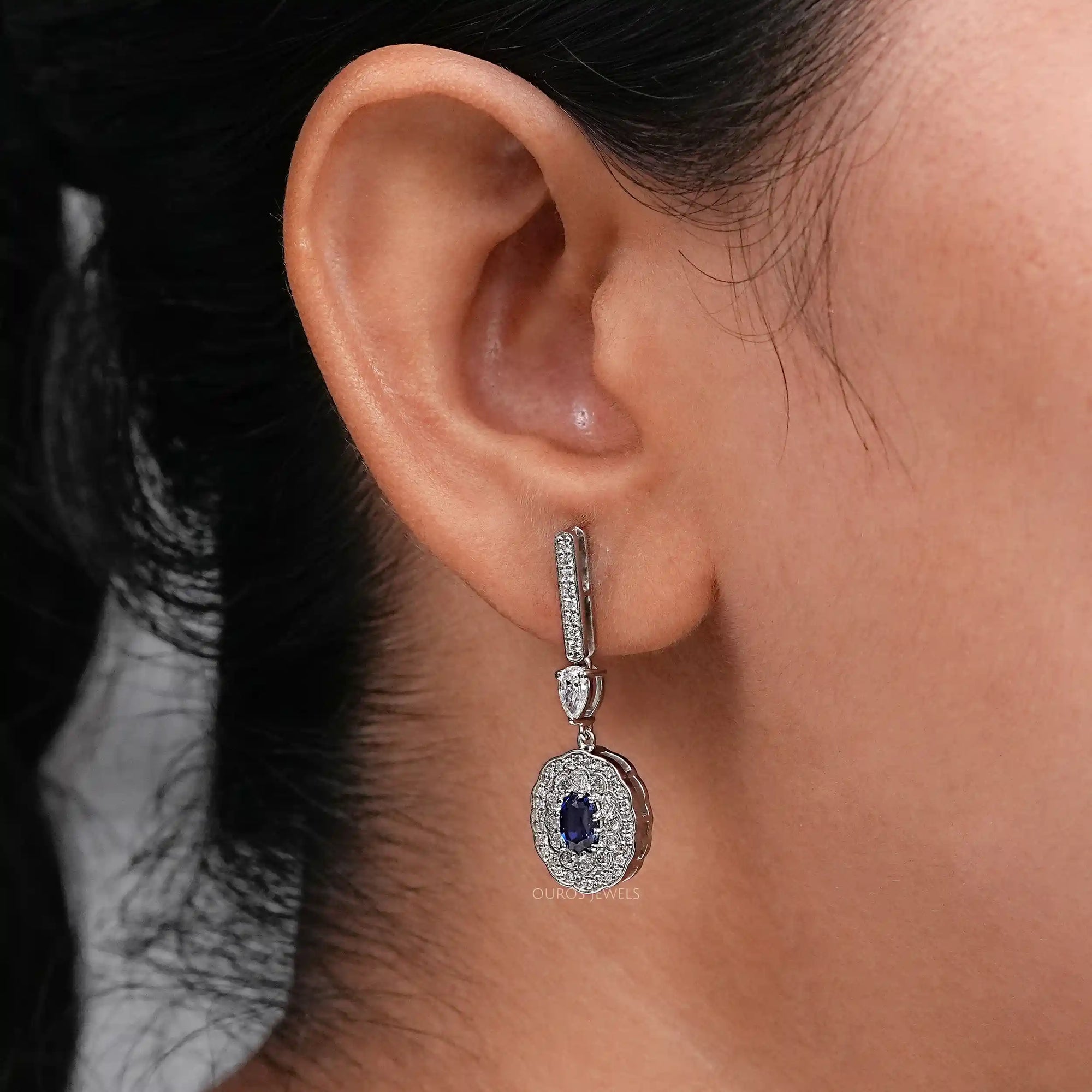 Sapphire Oval Gemstone And Double Halo Drop Earrings Earrings