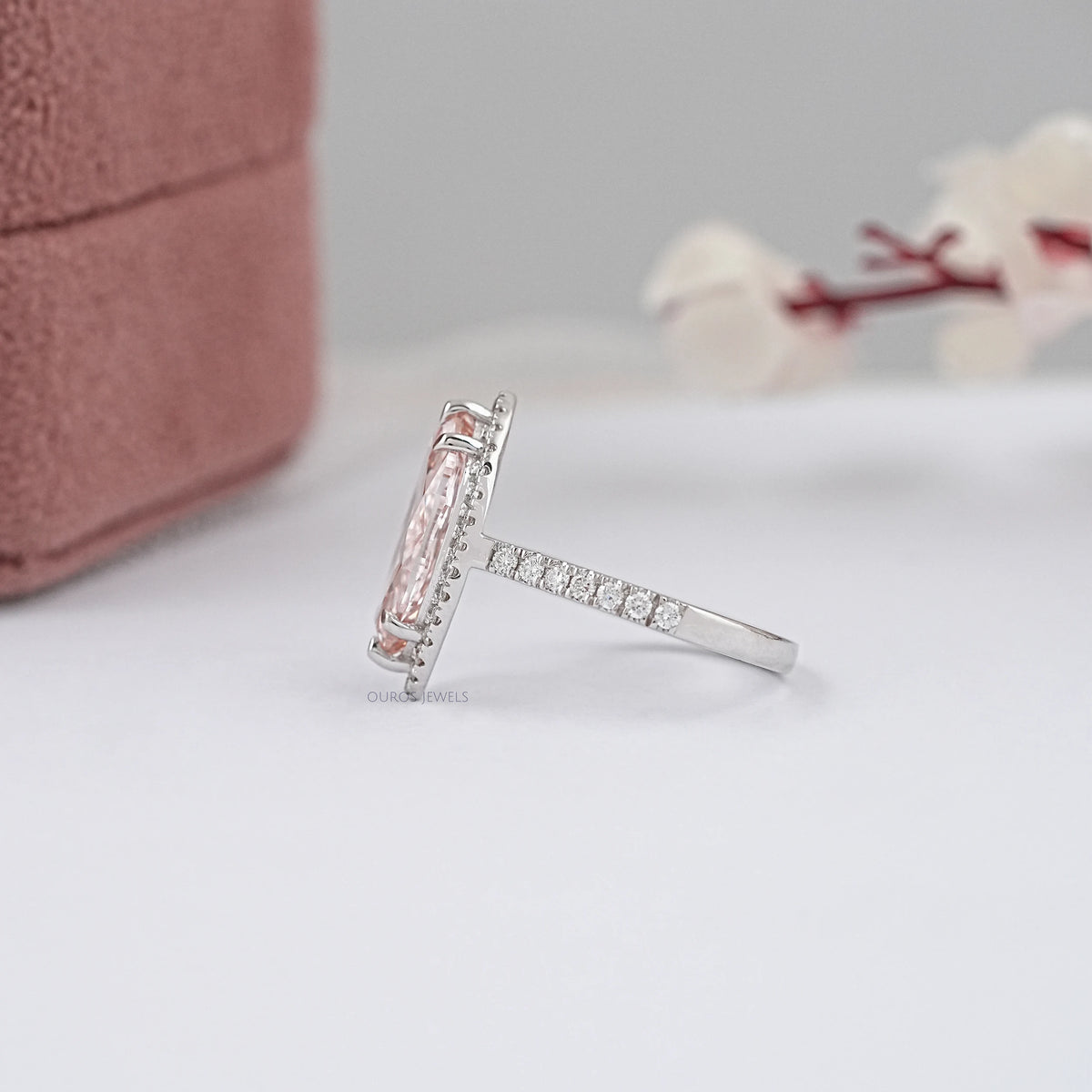 Pink Marquise Cut Lab Diamond Halo Accent Ring Ring