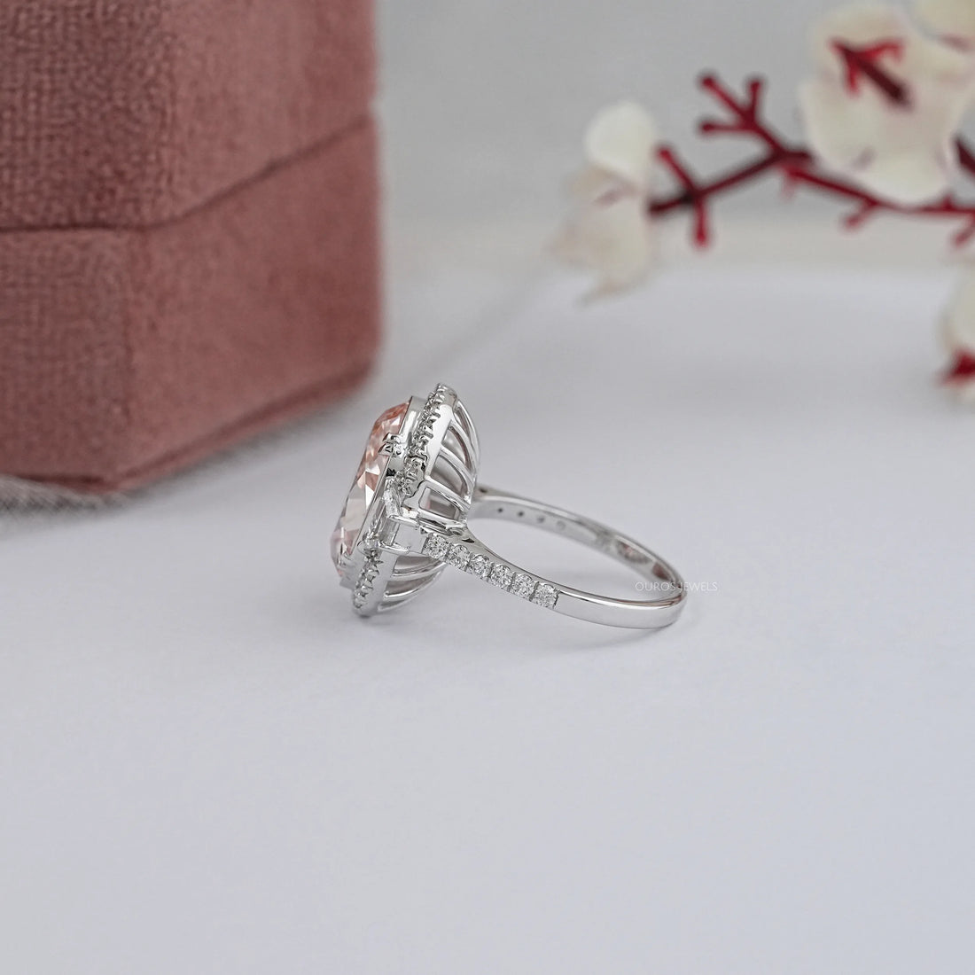 Pink Oval Cut With Trapezoid Accent Halo Engagement Ring Rings