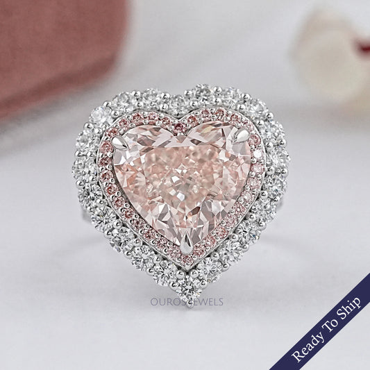 Pink Heart Cut Lab Diamond Double Halo Engagement Ring Ring