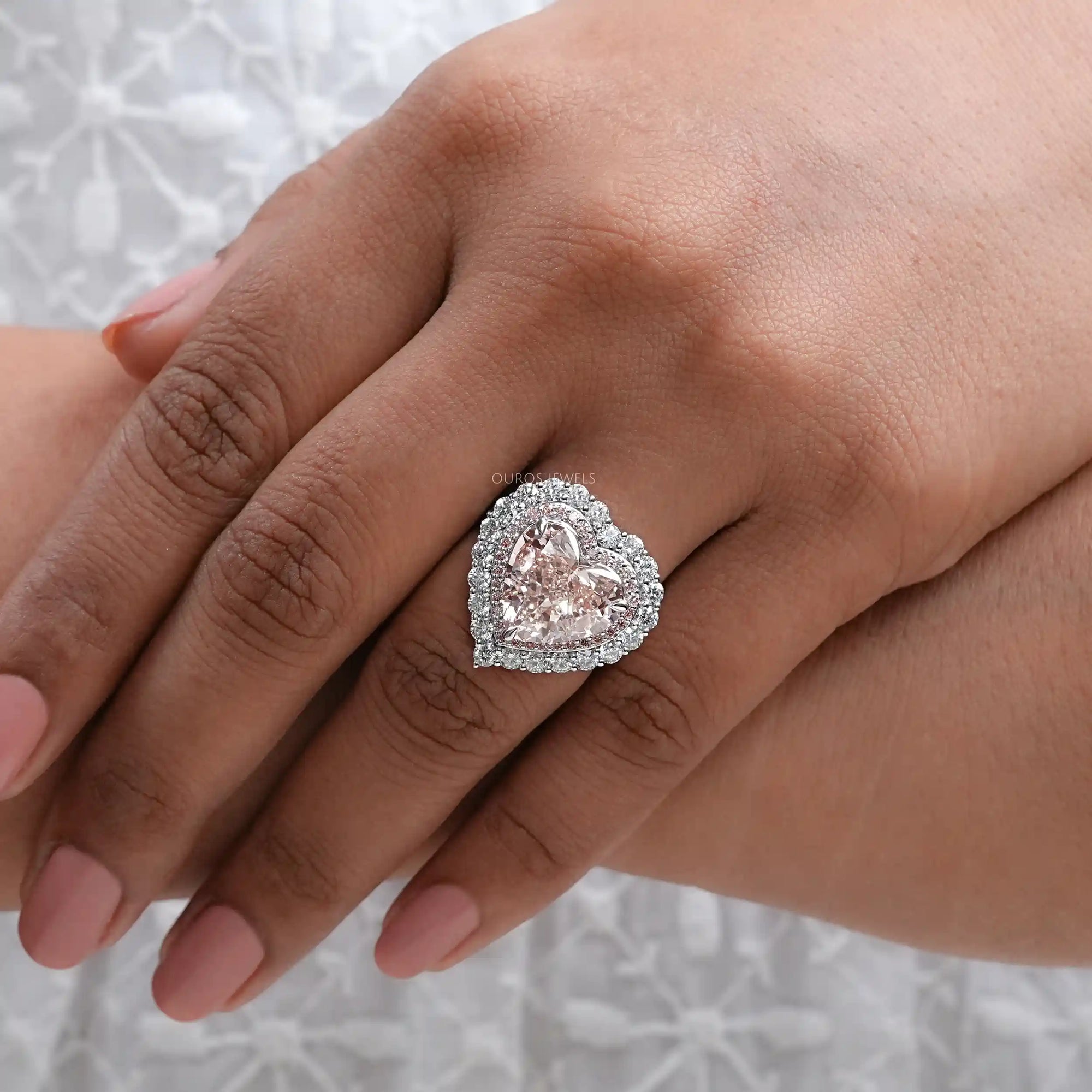 Pink Herat Cut Lab Diamond Double Halo Engagement Ring Ring