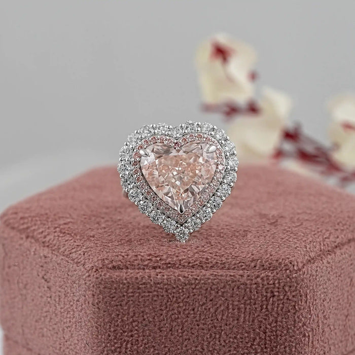 Pink Herat Cut Lab Diamond Double Halo Engagement Ring