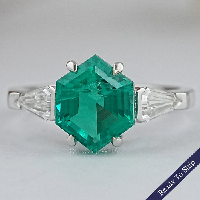 Hexagon Cut Emerald Engagement Diamond Ring