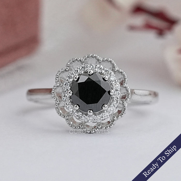 Black Round Diamond Double Halo Engagement Ring