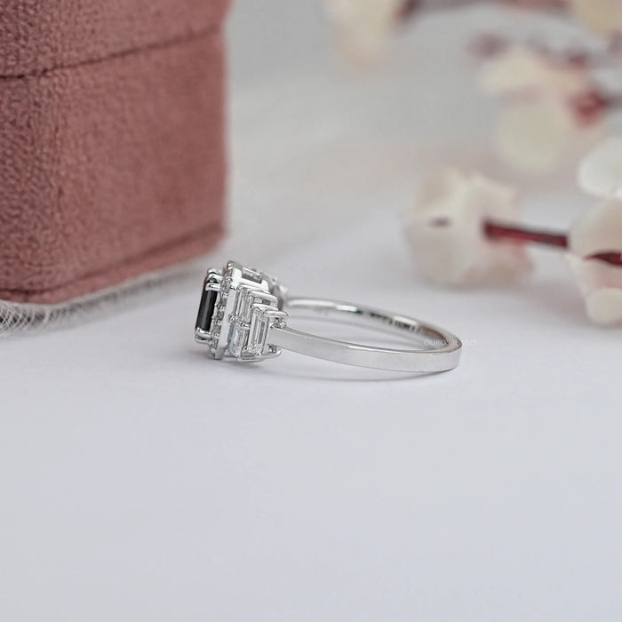 Black Emerald Diamond Accent Halo Engagement Ring