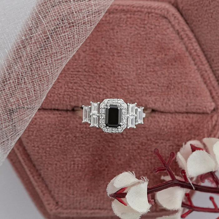 Black Emerald Diamond Accent Halo Engagement Ring