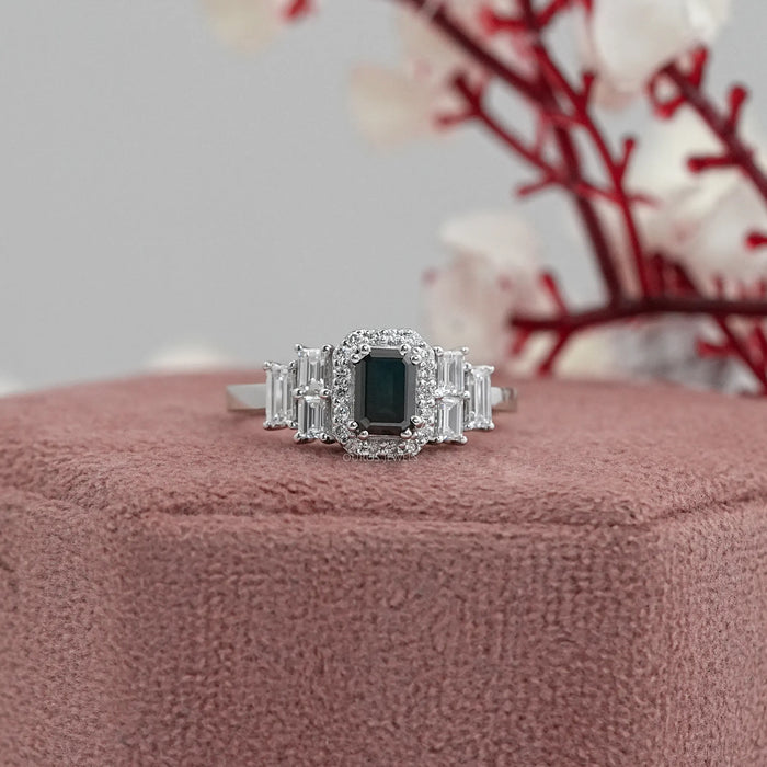 Black Emerald Diamond Accent Halo Engagement Ring