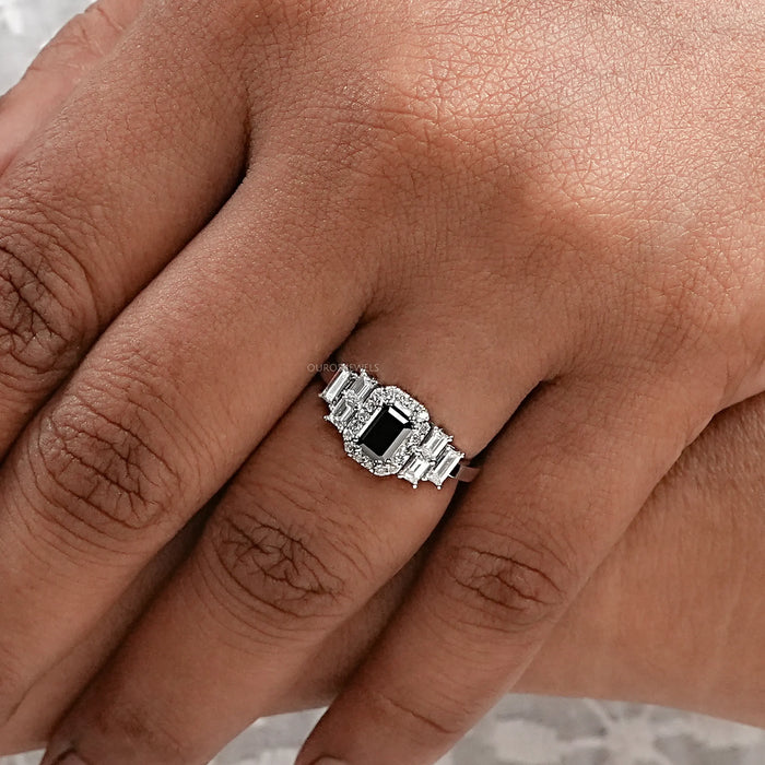 Black Emerald Diamond Accent Halo Engagement Ring
