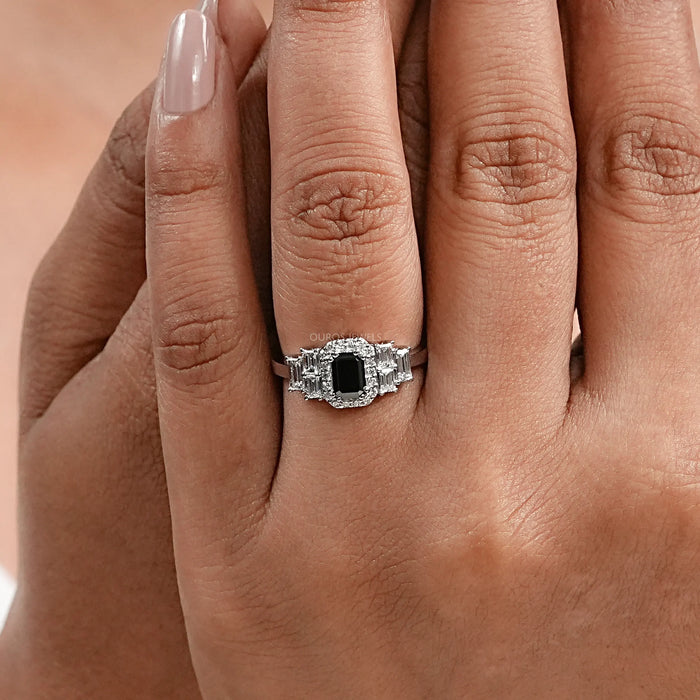 Black Emerald Diamond Accent Halo Engagement Ring