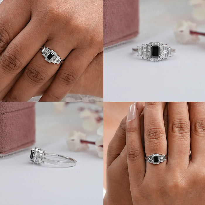 Black Emerald Diamond Accent Halo Engagement Ring