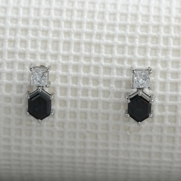 Hexagon Black Diamond Dangle Earrings 