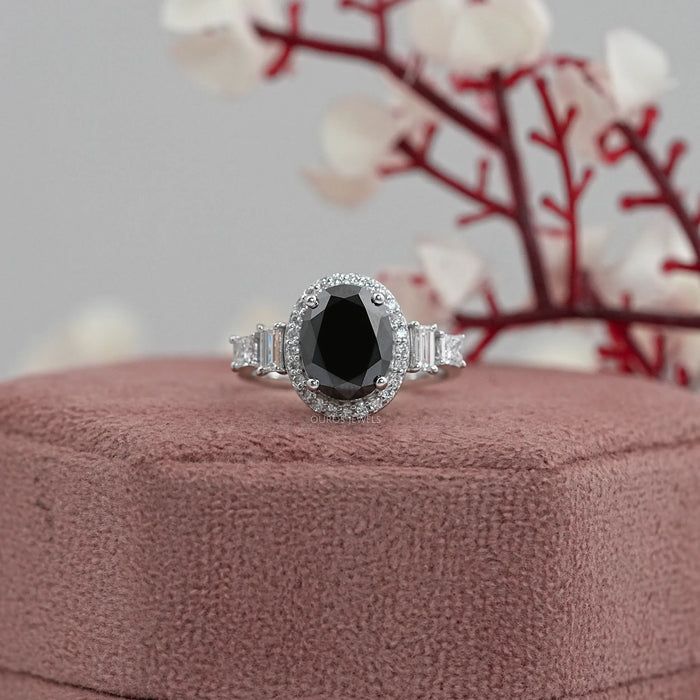 Black Oval Diamond Accent With Halo Engagement Ring