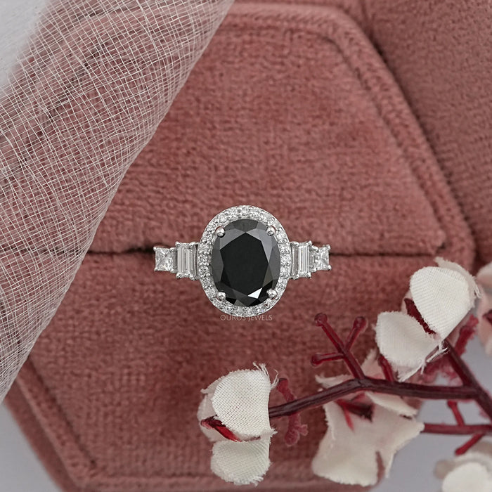 Black Oval Diamond Accent With Halo Engagement Ring