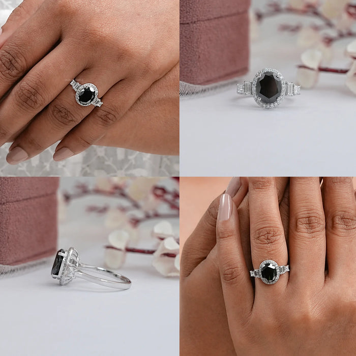 Black Oval Diamond Accent With Halo Engagement Ring