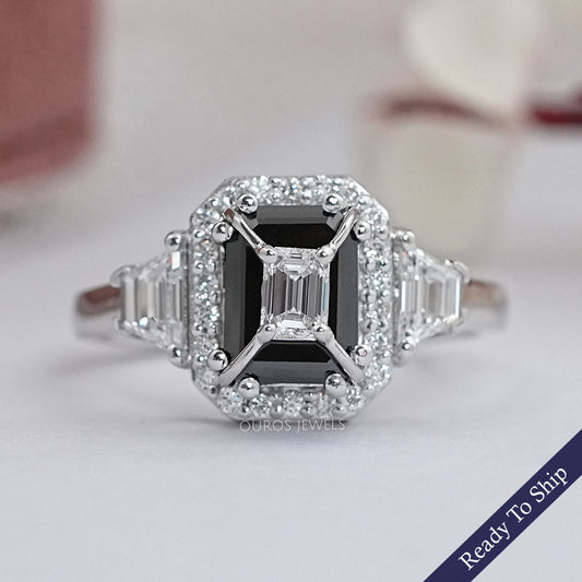 Black Emerald Diamond Three Stone Engagement Ring Rings