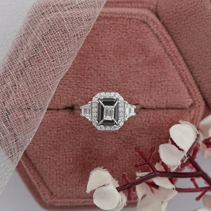 Black Emerald Diamond Three Stone Engagement Ring