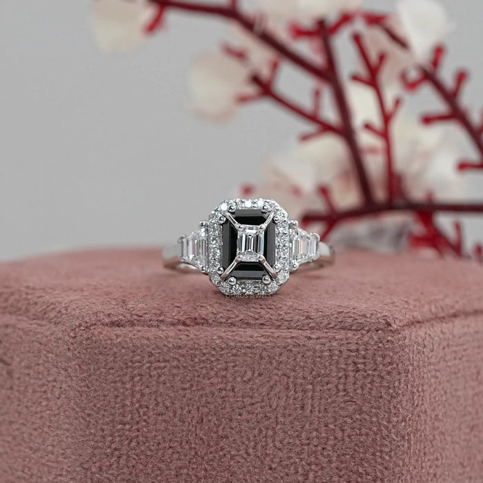 Black Emerald Diamond Three Stone Engagement Ring