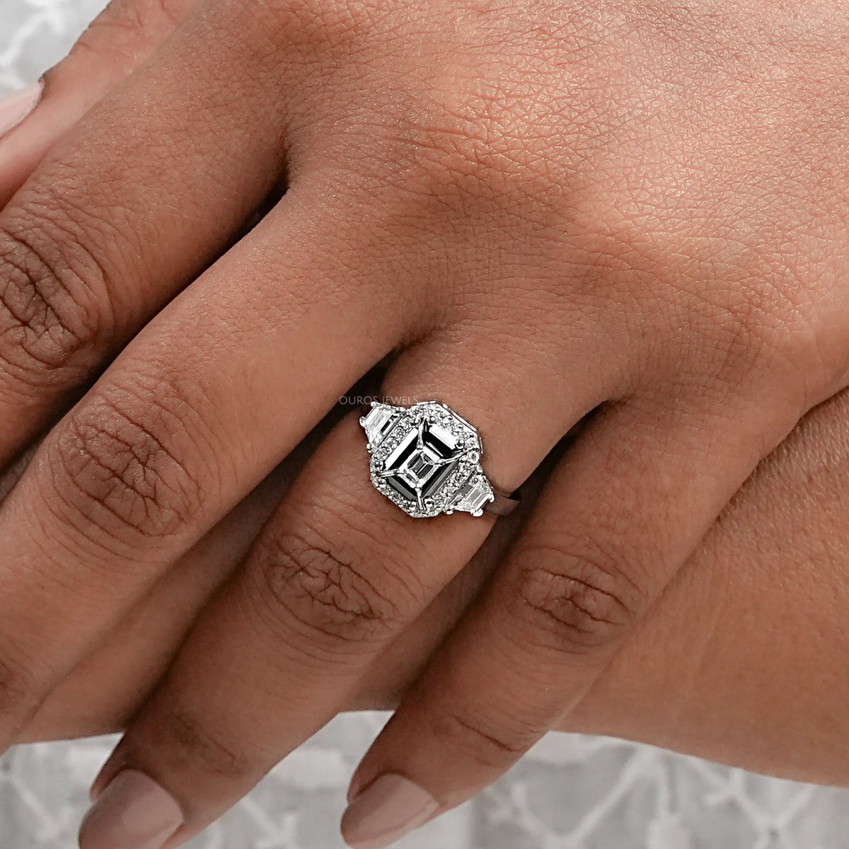 Black Emerald Diamond Three Stone Engagement Ring Rings