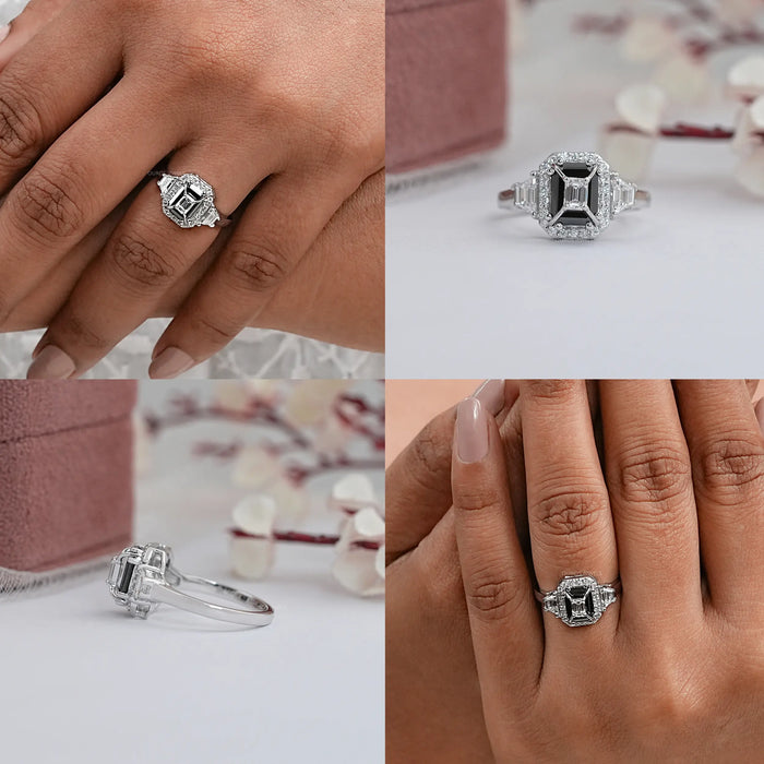 Black Emerald Diamond Three Stone Engagement Ring