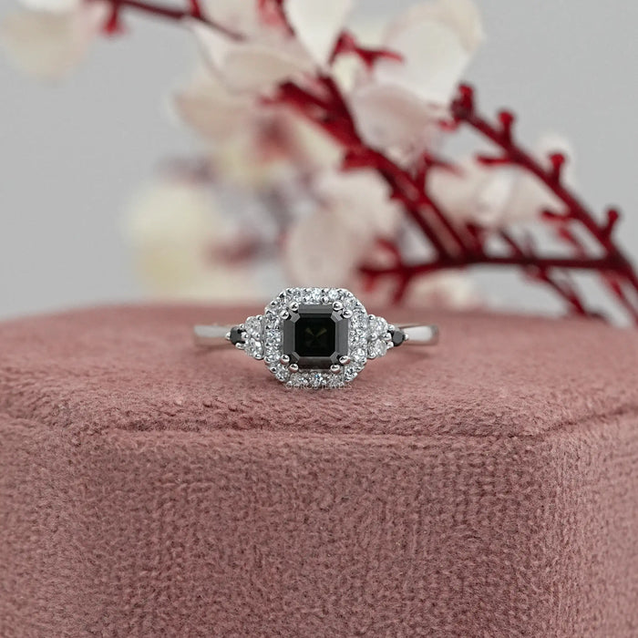 Black Asscher Diamond Halo Engagement Ring