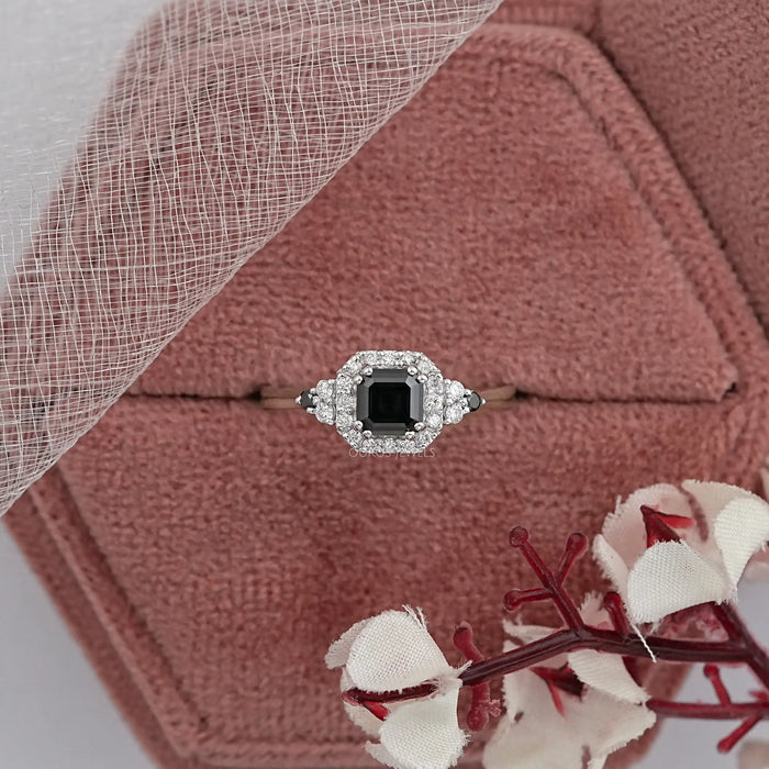 Black Asscher Diamond Halo Engagement Ring