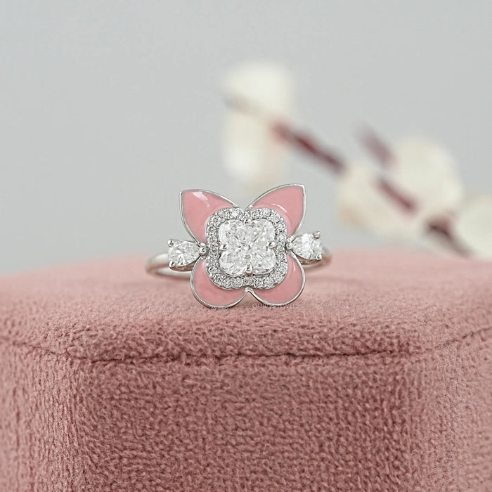 Antique Floral Cut Pink Enamel Engagement Ring