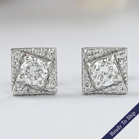 Round Cut Lab Diamond Small Square Stud Earrings