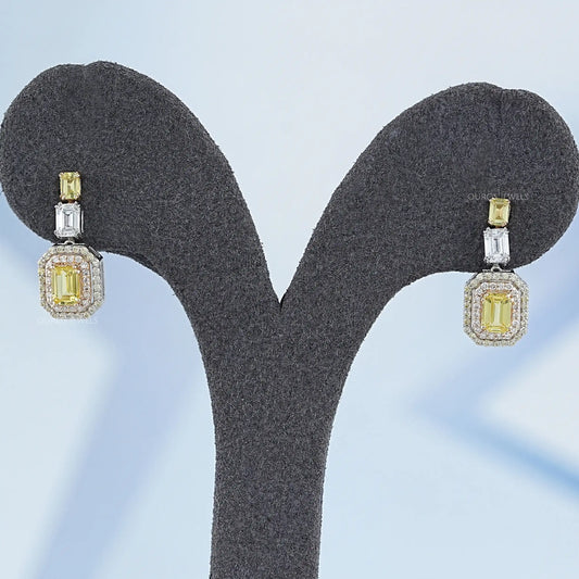 Yellow Emerald Lab Gemstone Double Halo Drop Earrings