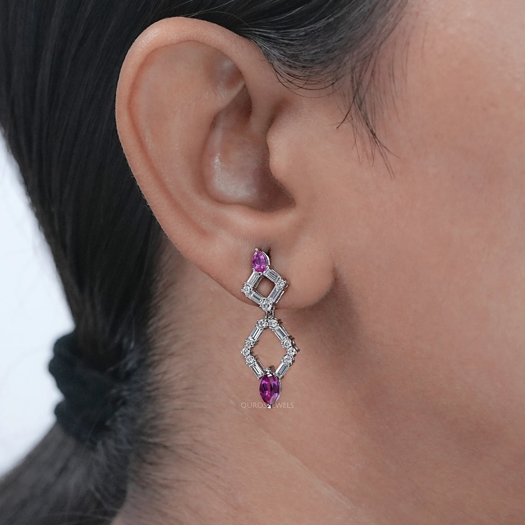 Pink Marquise Gemstone And Diamond Drop Earrings Earrings